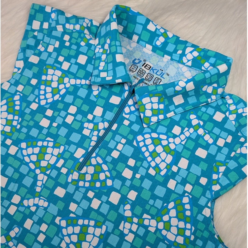 IBKUL Polo Shirt Women Large Blue Mosaic Martini Sleeveless UPF 50 Quarter Zip